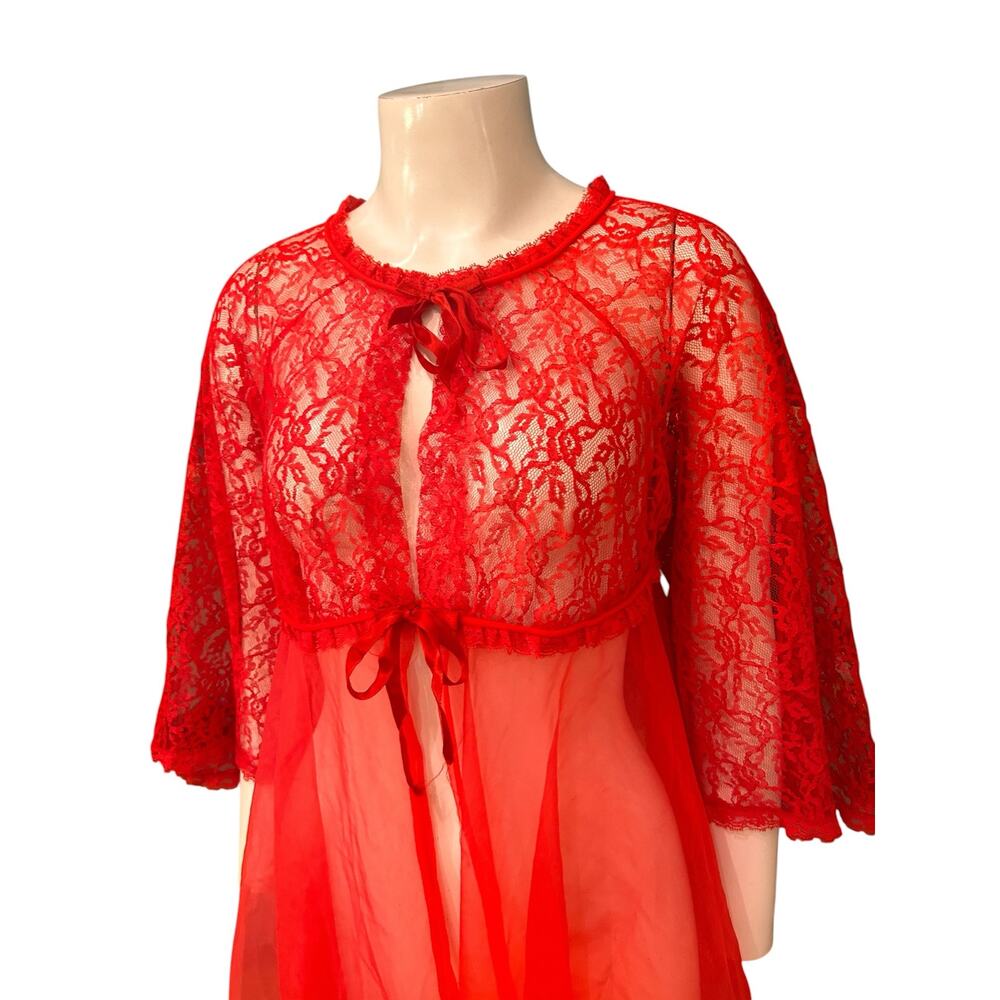 Vintage 60s Red Sheer Lace Babydoll Lingerie Peignoir Robe Small Nylon - - Picture 2 of 8